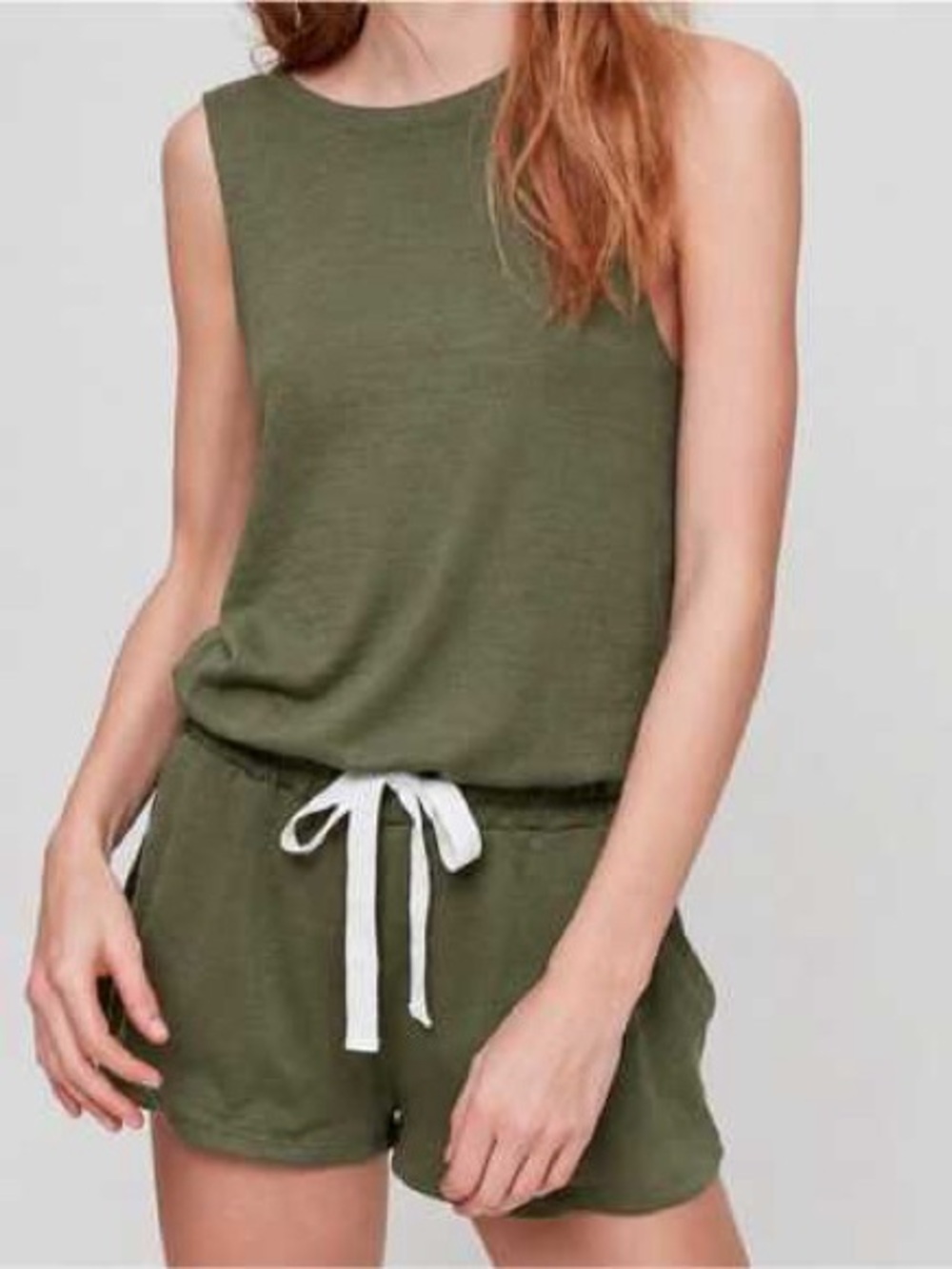 Wilfred| Aritzia| Dark Olive Sleeveless Tank Shorts Romper w/Drawstring Sz XS